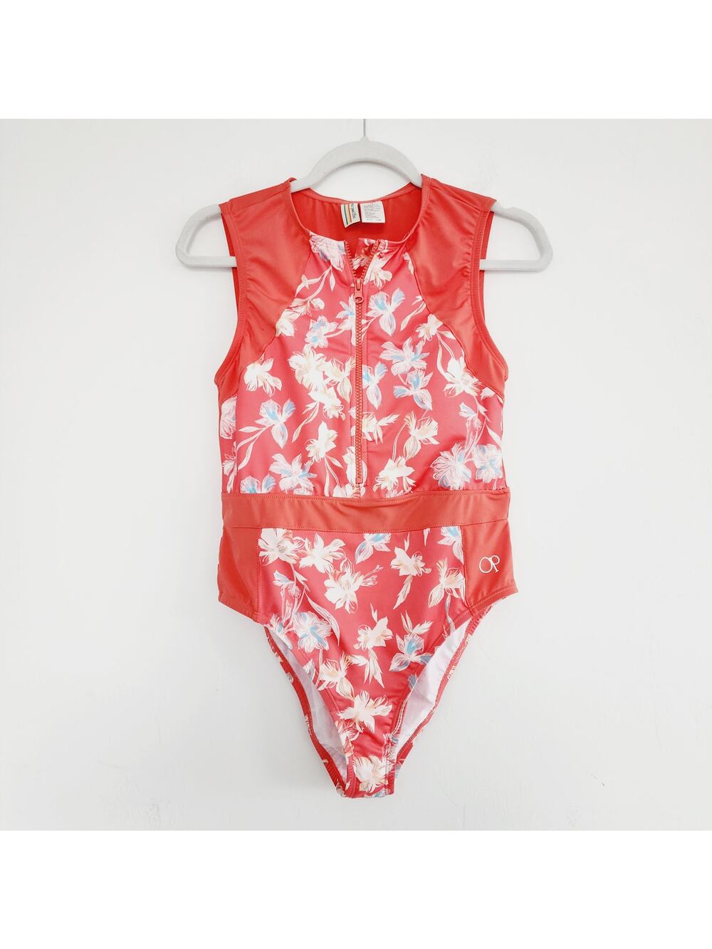 OP Ocean Pacific Coral Orange Floral Print One-Piece Swimsuit Large